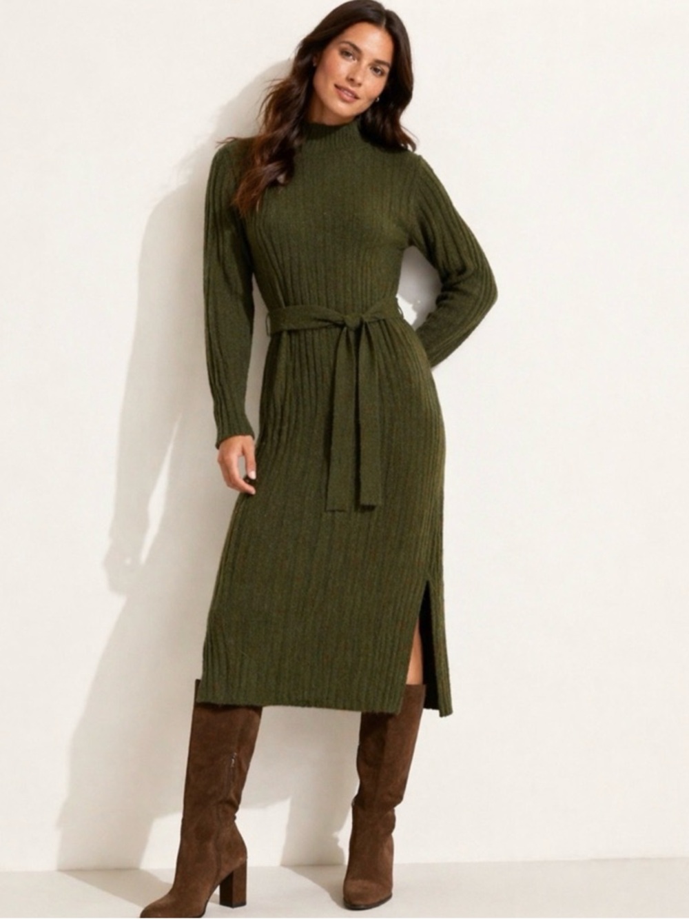 LOFT Olive Ribbed Midi Sweater Dress with Tie Belt